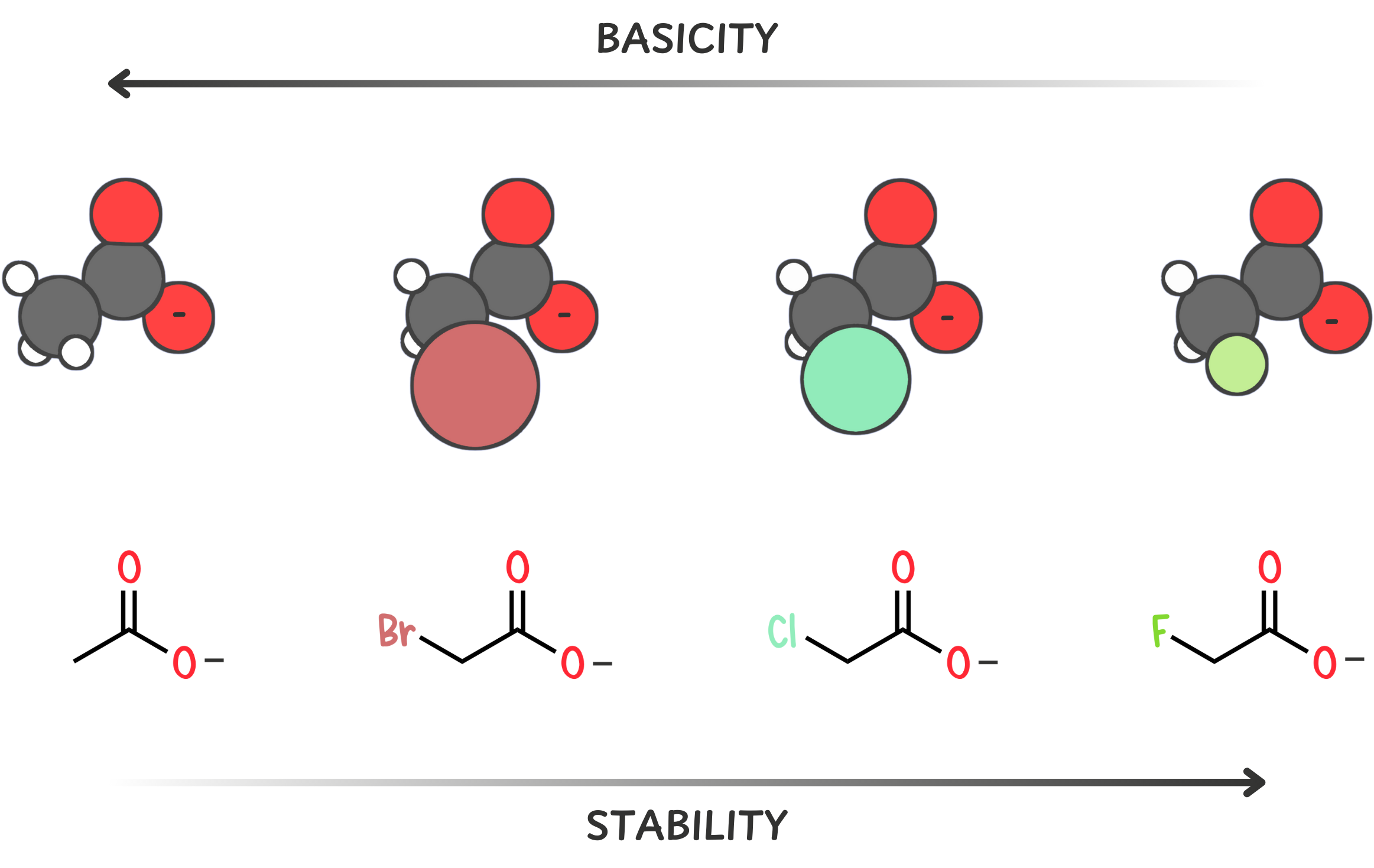 Diagram showing how increasingly electronegative substituents (like halogens) stabilize the conjugate base more effectively, making the base weaker—from acetate to fluoroacetate