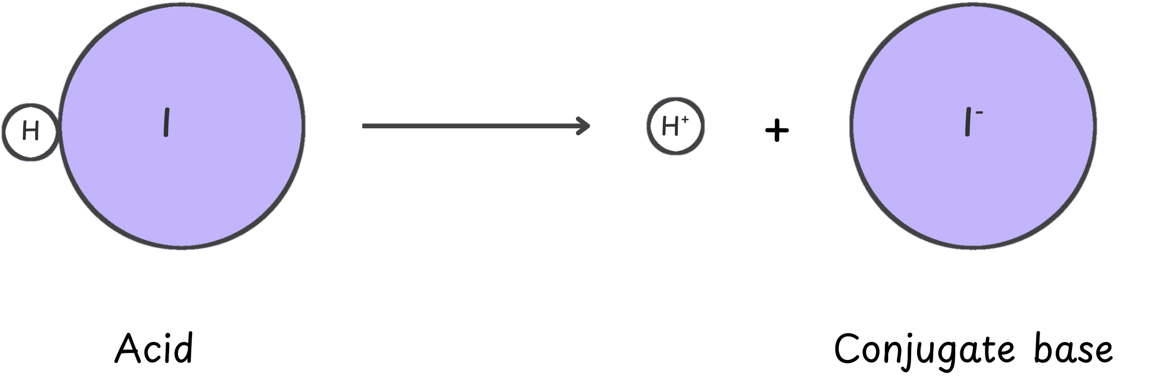 Diagram showing how to remove a proton (H⁺) from each acid to form the conjugate base, which carries an extra electron pair and a negative charge.
