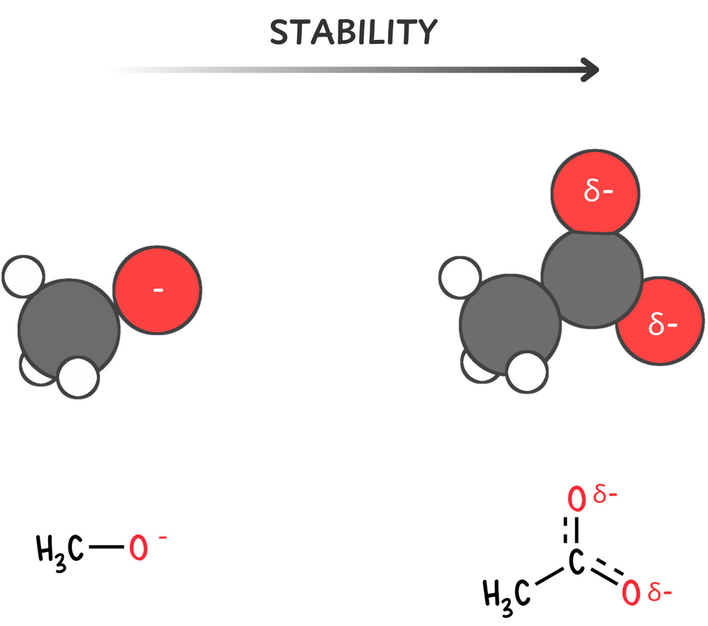 Diagram showing how the negative charge on acetate is delocalized through resonance, making it more stable than methoxide, which has a localized charge