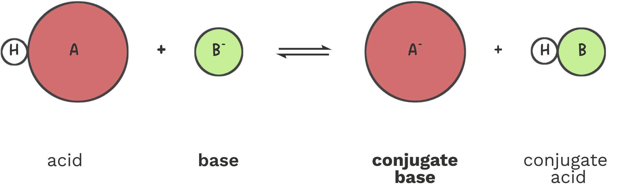 Diagram labeling B⁻ as the base (proton acceptor) and A⁻ as the conjugate base (formed after HA donates a proton) in an acid-base reaction