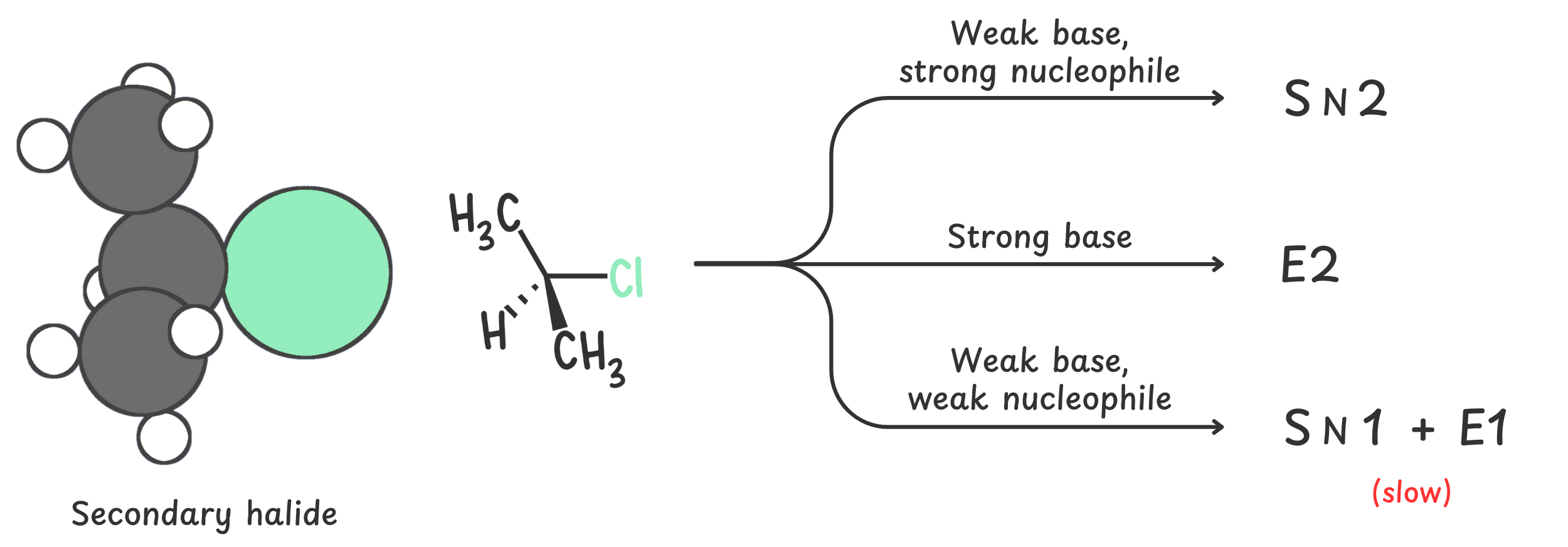 A diagram showing a secondary alkyl halide reacting via SN1 or E1 with a weak base/weak nucleophile (e.g., methanol) and via SN2 or E2 with a strong base/strong nucleophile (e.g., methoxide). The reaction outcome depends on the strength of the nucleophile or base.