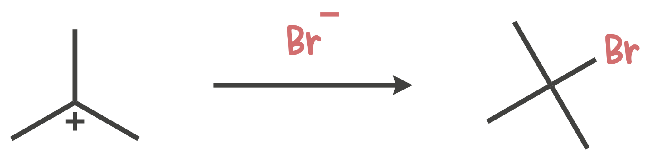Diagram showing how a negatively charged nucleophile such as Br⁻ or CN⁻ reacts with a carbocation to directly form a neutral product without a deprotonation step