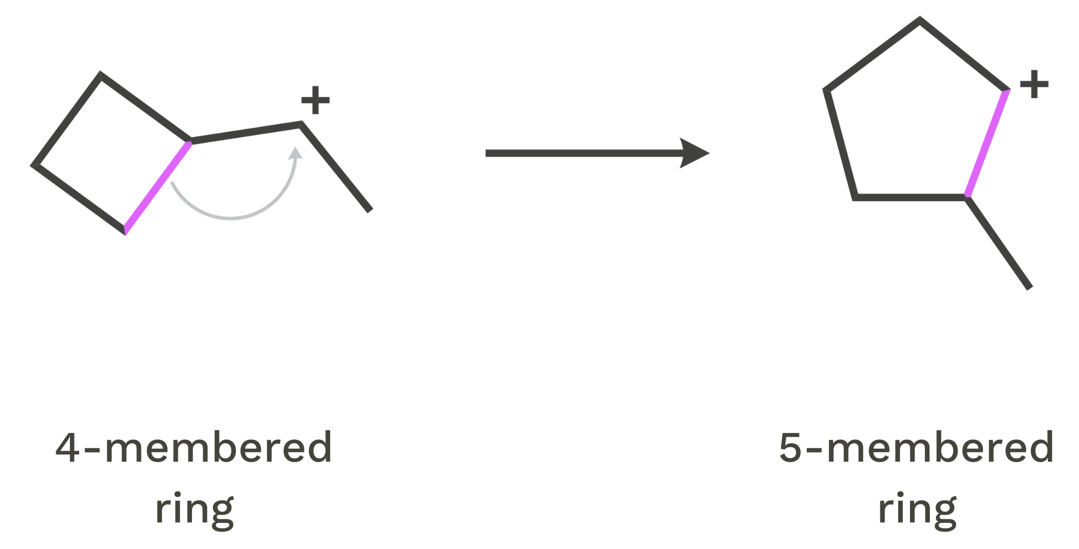 Diagram showing ring expansion where a 4-membered ring converts into a 5-membered ring during a carbocation rearrangement to relieve angle strain