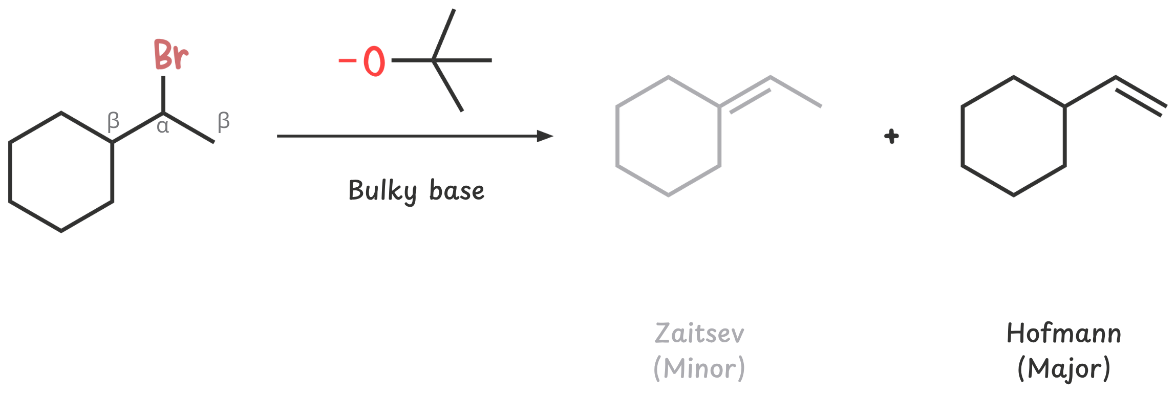 Diagram showing how bulky bases like tert-butoxide (tBuO⁻), LDA, or DBN abstract protons from less substituted β-carbons, leading to the Hofmann product