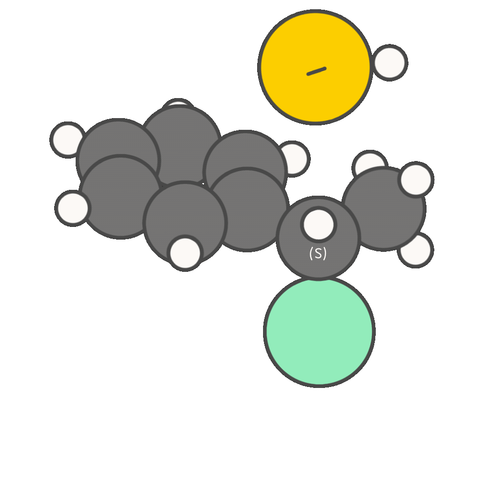 Animation showing how backside attack by a nucleophile in an SN2 reaction leads to inversion of configuration at a chiral center (e.g., R → S or S → R)