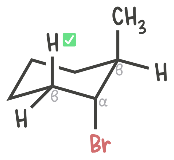 Cyclohexane chair conformation showing axial β-hydrogen positioned trans to axial leaving group, forming required trans-diaxial geometry for E2.