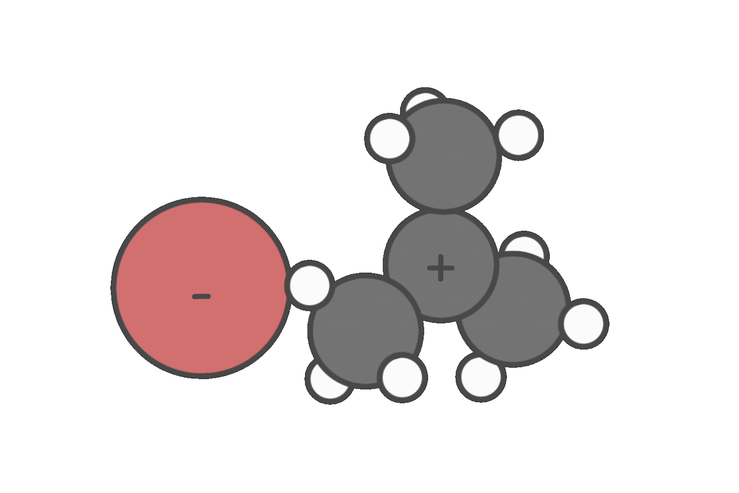Bromide ion (Br⁻) attacking a tertiary carbocation to form the final alkyl bromide product in electrophilic addition.